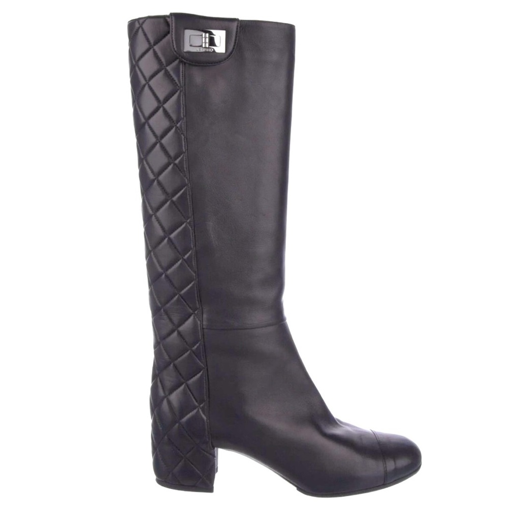 Chanel Quilted Pattern Black Lambskin Tall Boots size 38.5